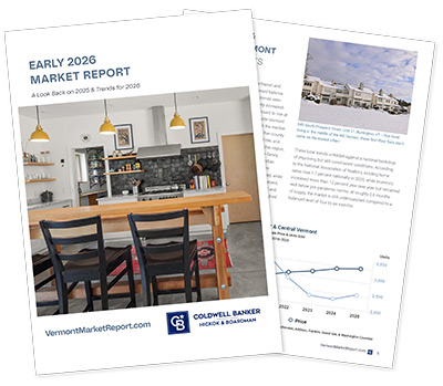 Cover and interior pages of the Coldwell Banker Hickok & Boardman Market Report showing Vermont real estate insights, home imagery, and market trend charts.